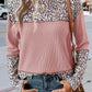 Leopard Print Waffle Knit Patchwork Top
