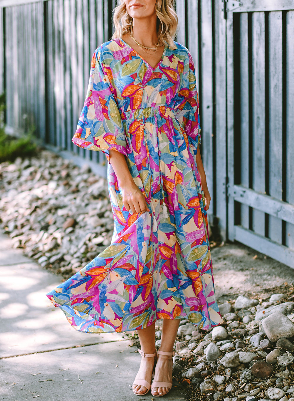 Abstract Print High Waist V Neck Maxi Dress