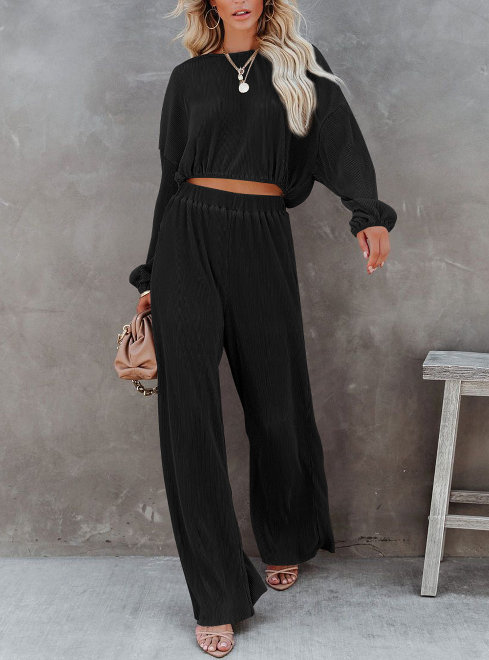 Corded Cropped Pullover and Wide Leg Pants Set