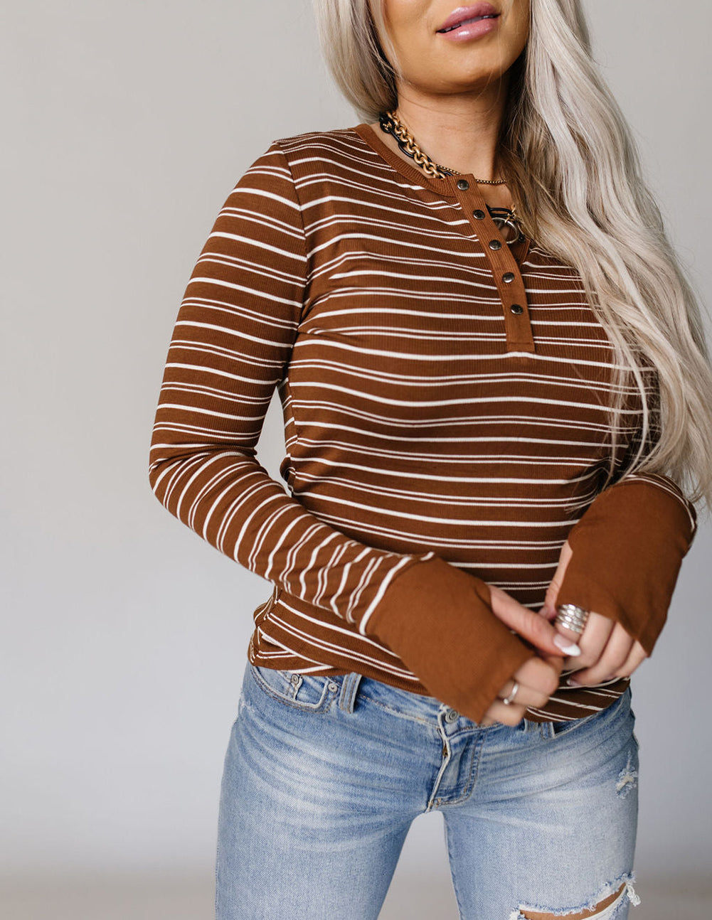 Thumbhole Sleeve Striped Henley Top