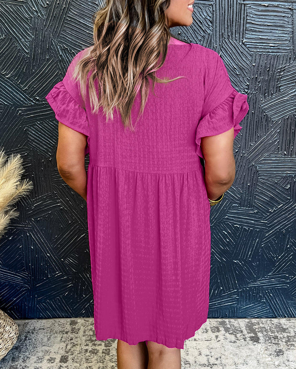 Textured Ruffled Short Sleeve Mini Dress