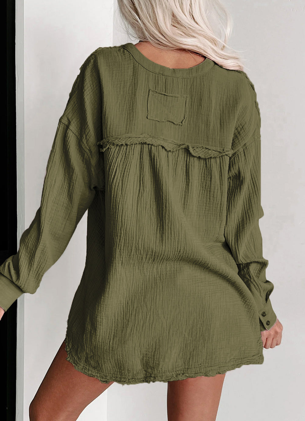 Crinkle Long Sleeve Distressed Split Henley Top