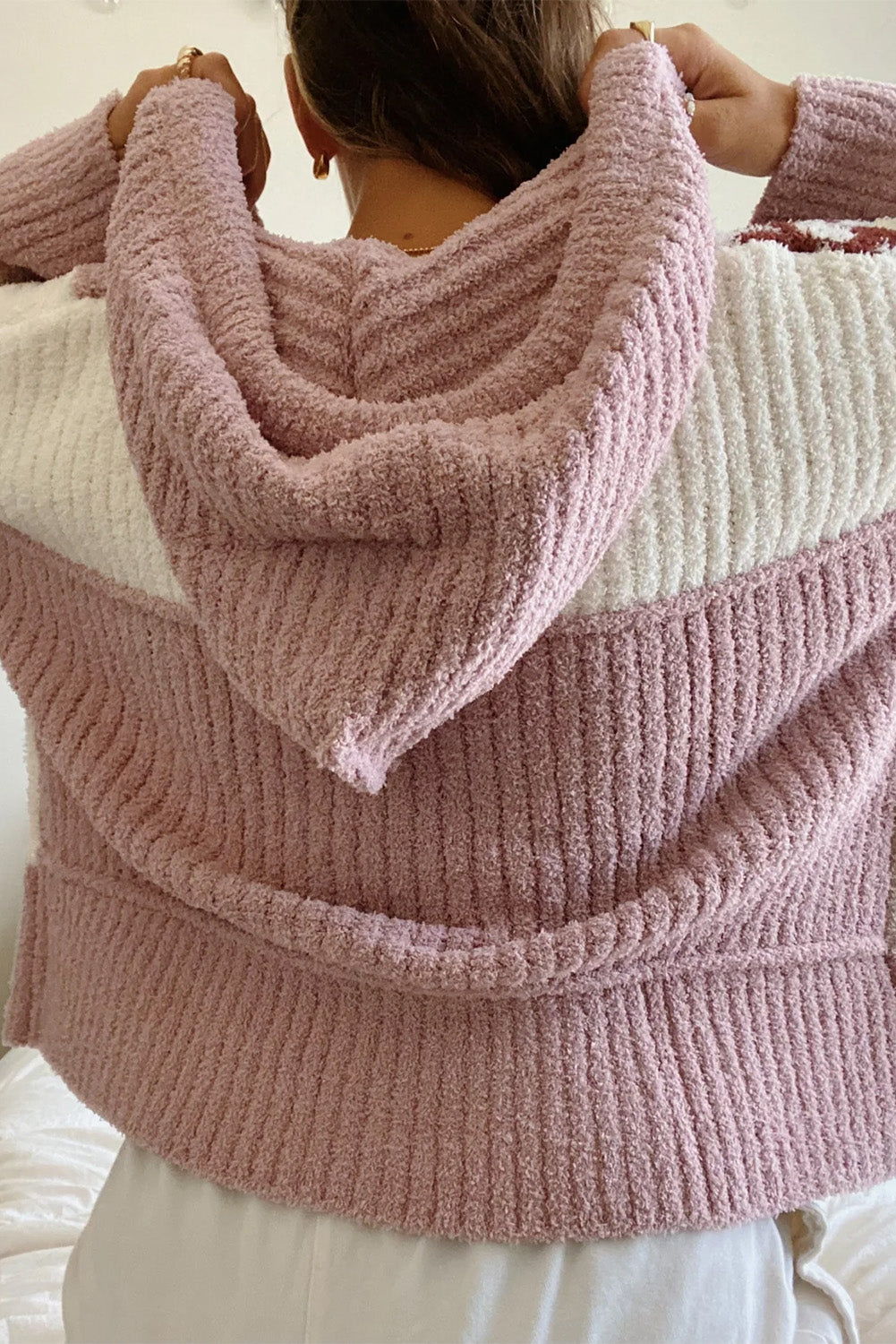 Floral Check Pattern Colorblock Wide Sleeve Hooded Sweater