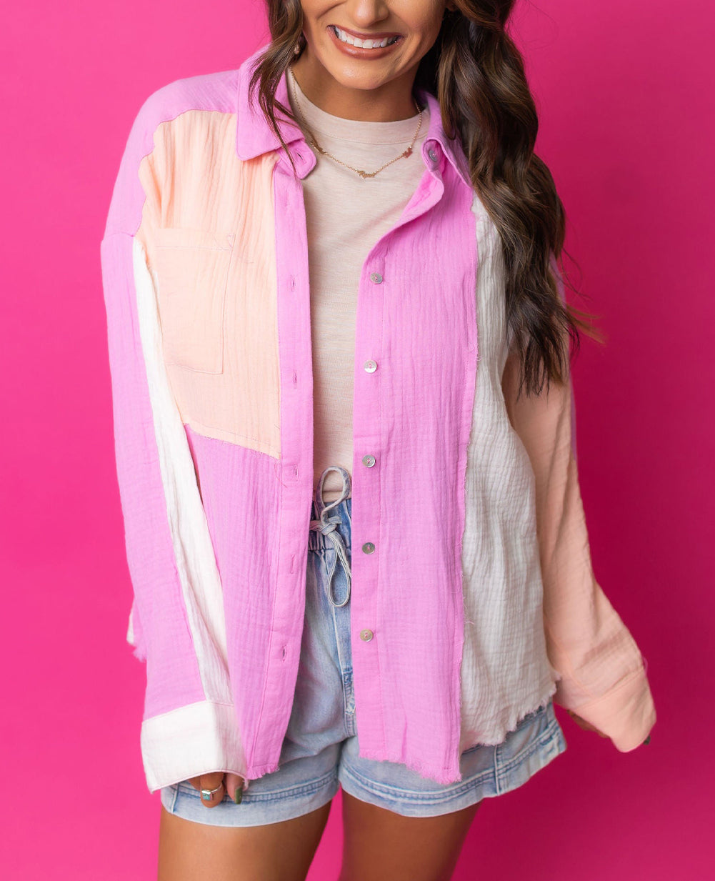 Color Block Buttoned Raw Hem Textured Shirt