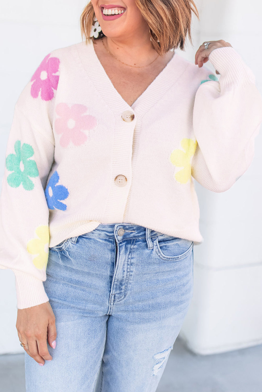 Floral Pattern V Neck Buttoned Plus Size Cardigan