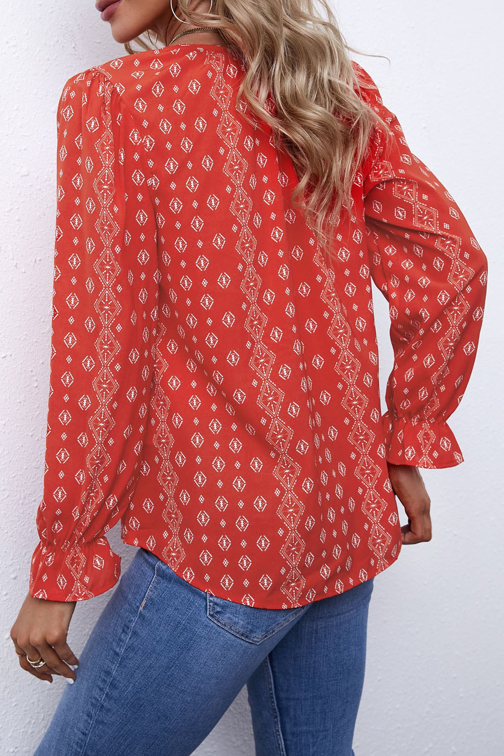 Printed Long Sleeve V-Neck Drawstring Shirt