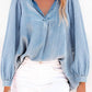 Balloon Sleeve Slit V-Neck Denim Top