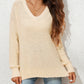 Beige Solid Fuzzy V-Neck Sweater