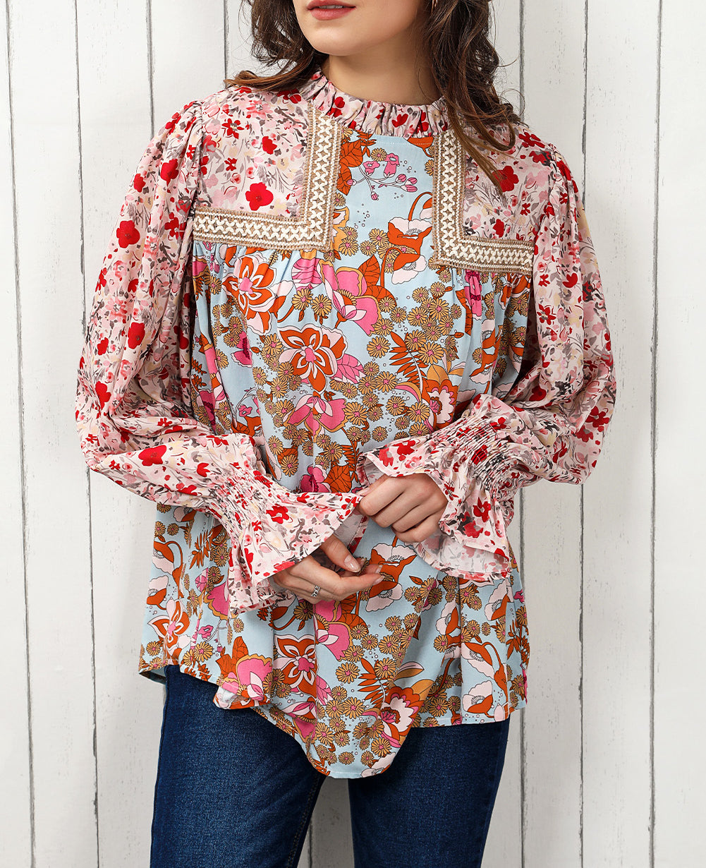 Lace Trim Contrast Floral Long Puff Sleeve Blouse