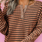 Stripe Textured Frilly Trim Buttons Henley Long Sleeve Top