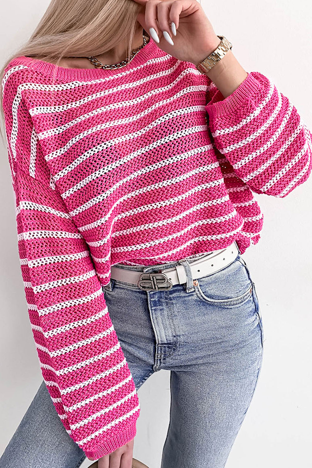 Drop Shoulder Contrasting Striped Sweater