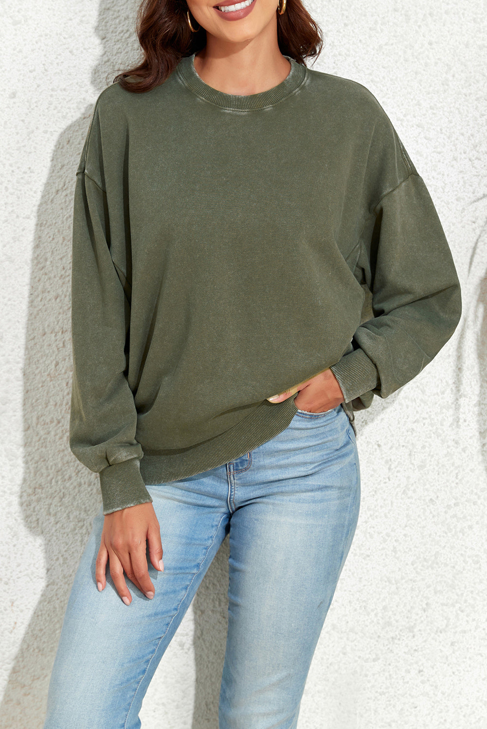 Vintage Wash Pocketed Round Neck Sweatshirt