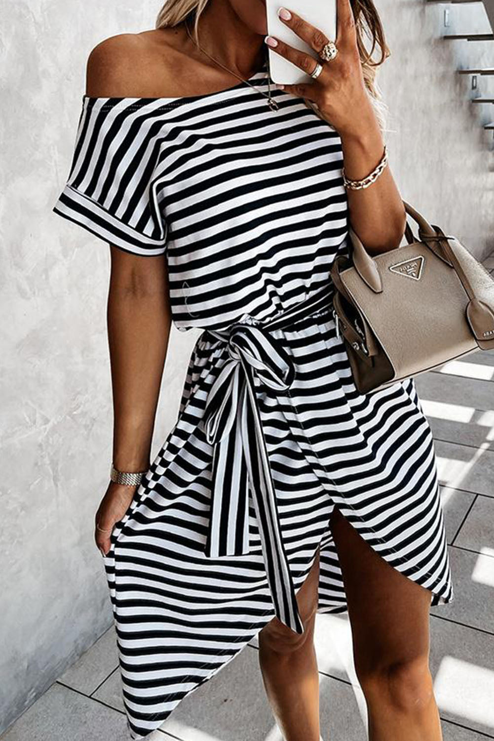 Stripe Short Sleeve Belted Wrapped Hemline Dress