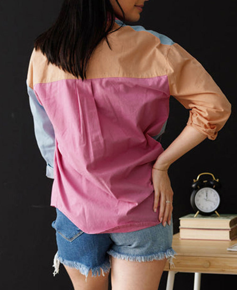 Color Block Chest Pockets Plus Size Shirt