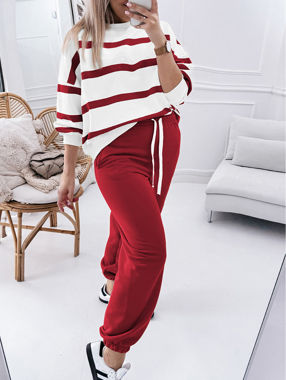 Stripe Drop Shoulder Pullover and Jogger Pants Set