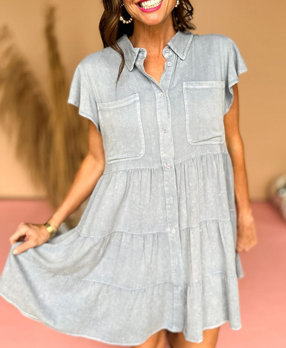 Mineral Washed Ruffle Sleeve Tiered Chambray Dress