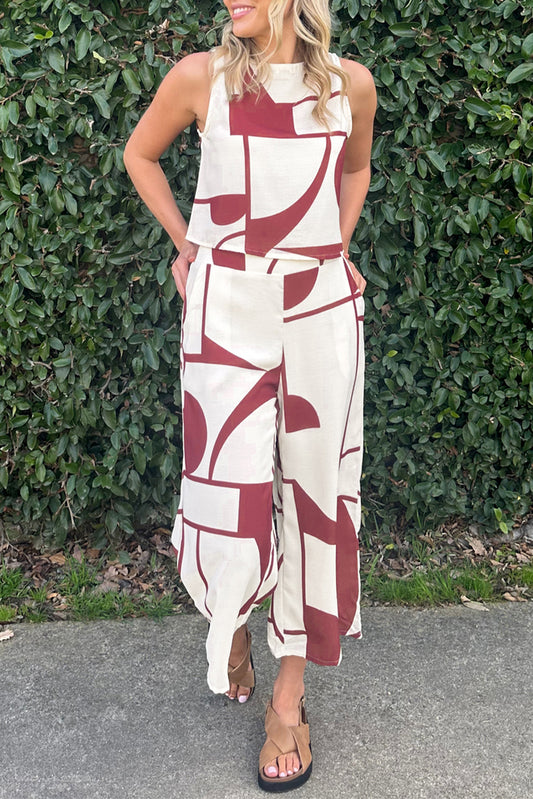 Abstract Printed Button Back Vest and Wide Leg Pants Set