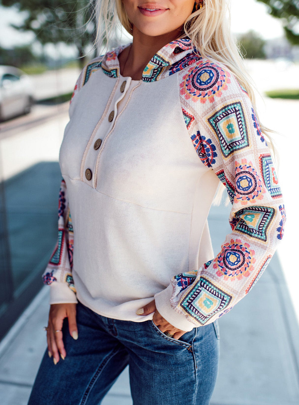 Geometric Patchwork Raglan Sleeve Henley Hoodie