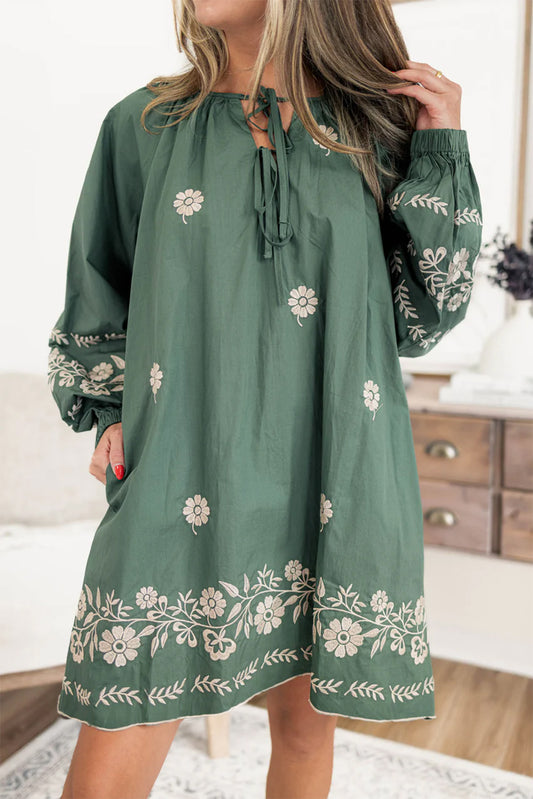 Tie Neck Boho Floral Pattern Puff Sleeve Shift Dress