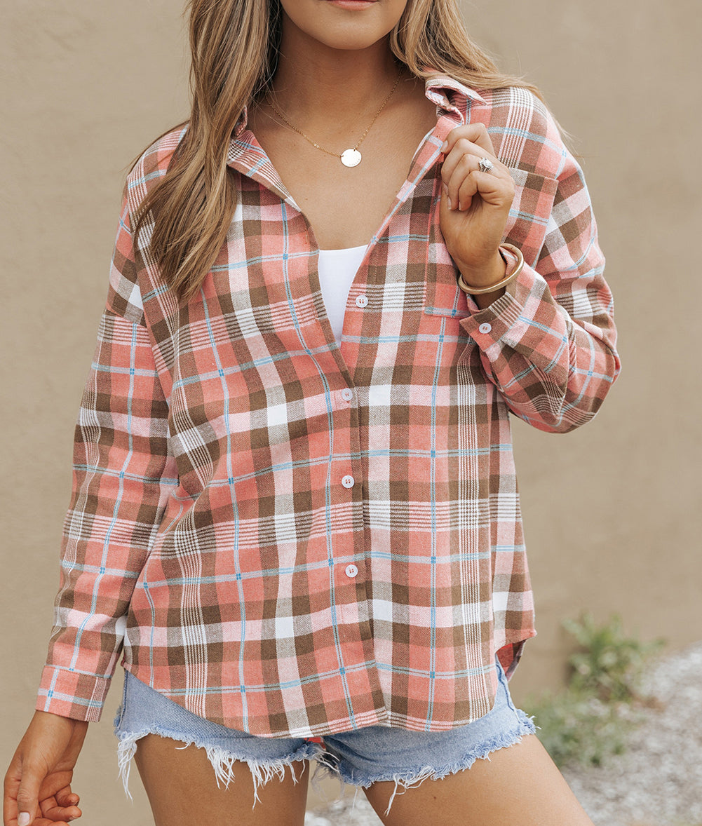 Drop Shoulder Rounded Hem Plaid Pattern Shirt