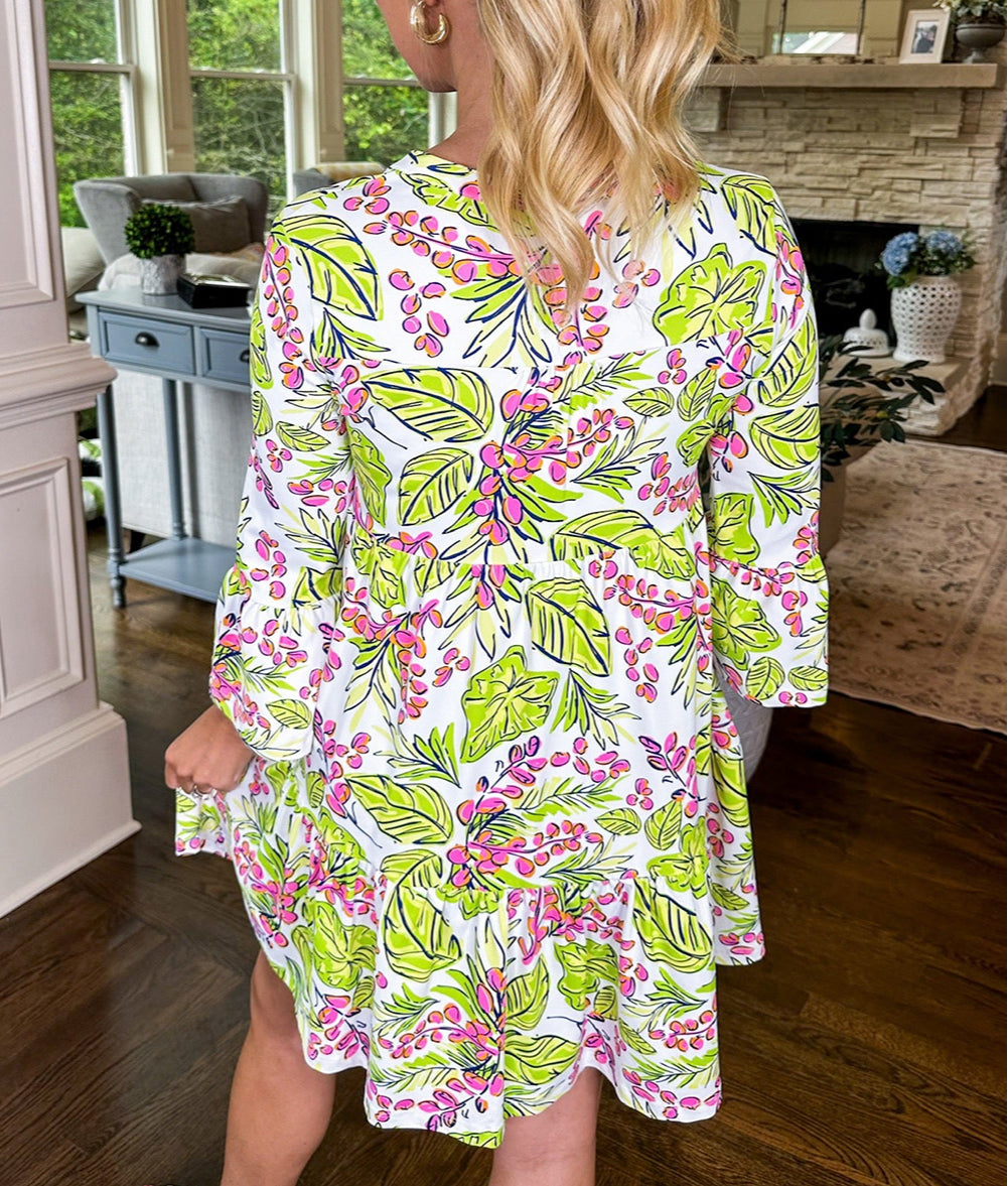 Abstract Print Ruffled Sleeve V Neck Dress