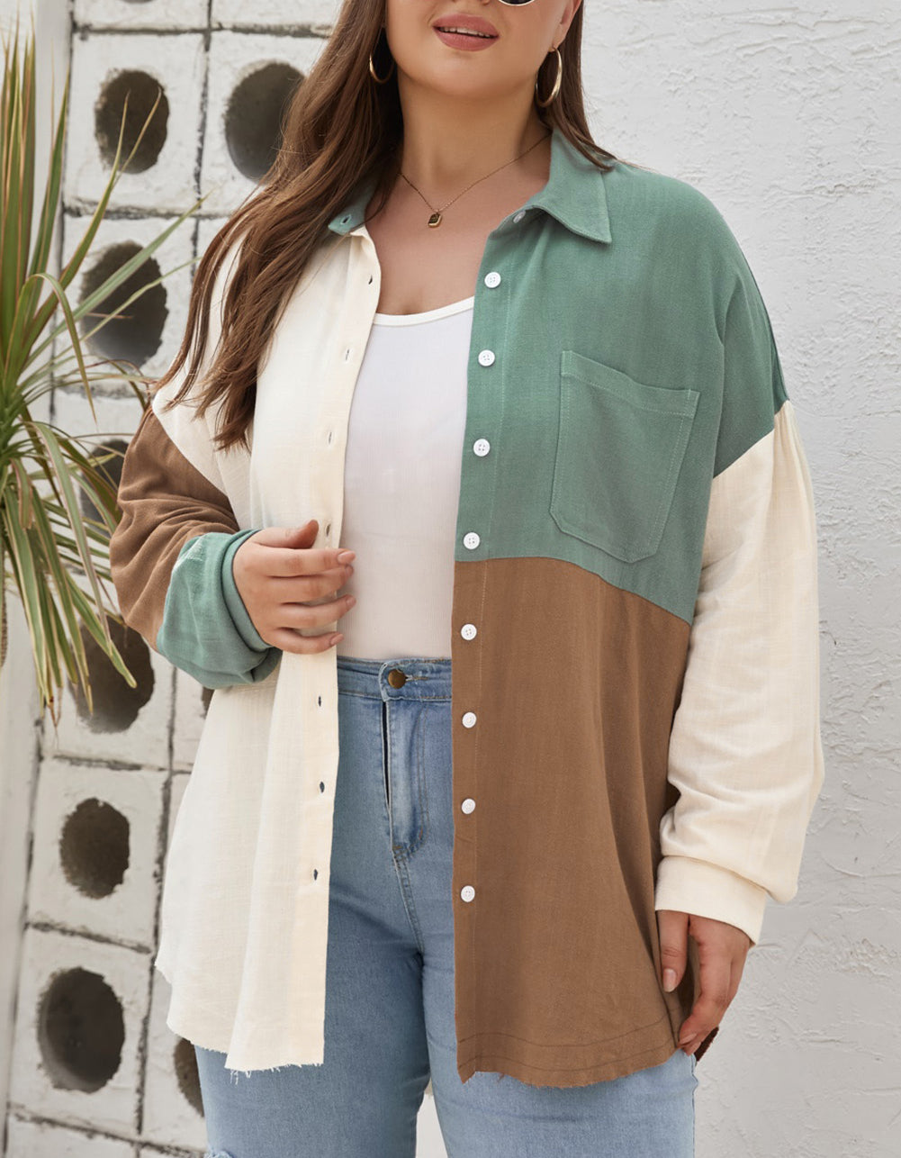 Colorblock Raw Edge Plus Size Shirt