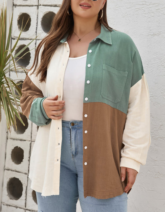 Colorblock Raw Edge Plus Size Shirt