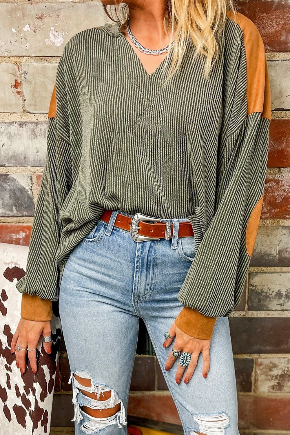 Contrast Patchwork V Neck Corded Top