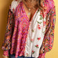 Floral Patchwork Shirred Cuff Buttoned V Neck Blouse