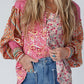 Mixed Floral Printed Puff Sleeve V-Neck Shirt