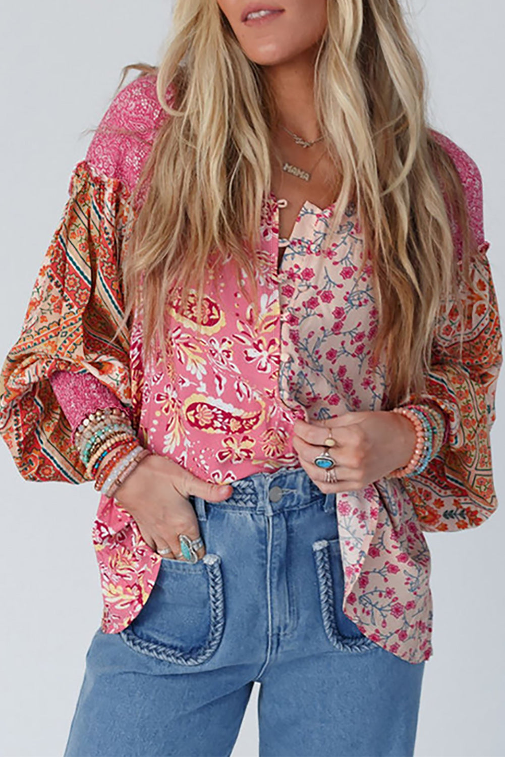 Mixed Floral Printed Puff Sleeve V-Neck Shirt