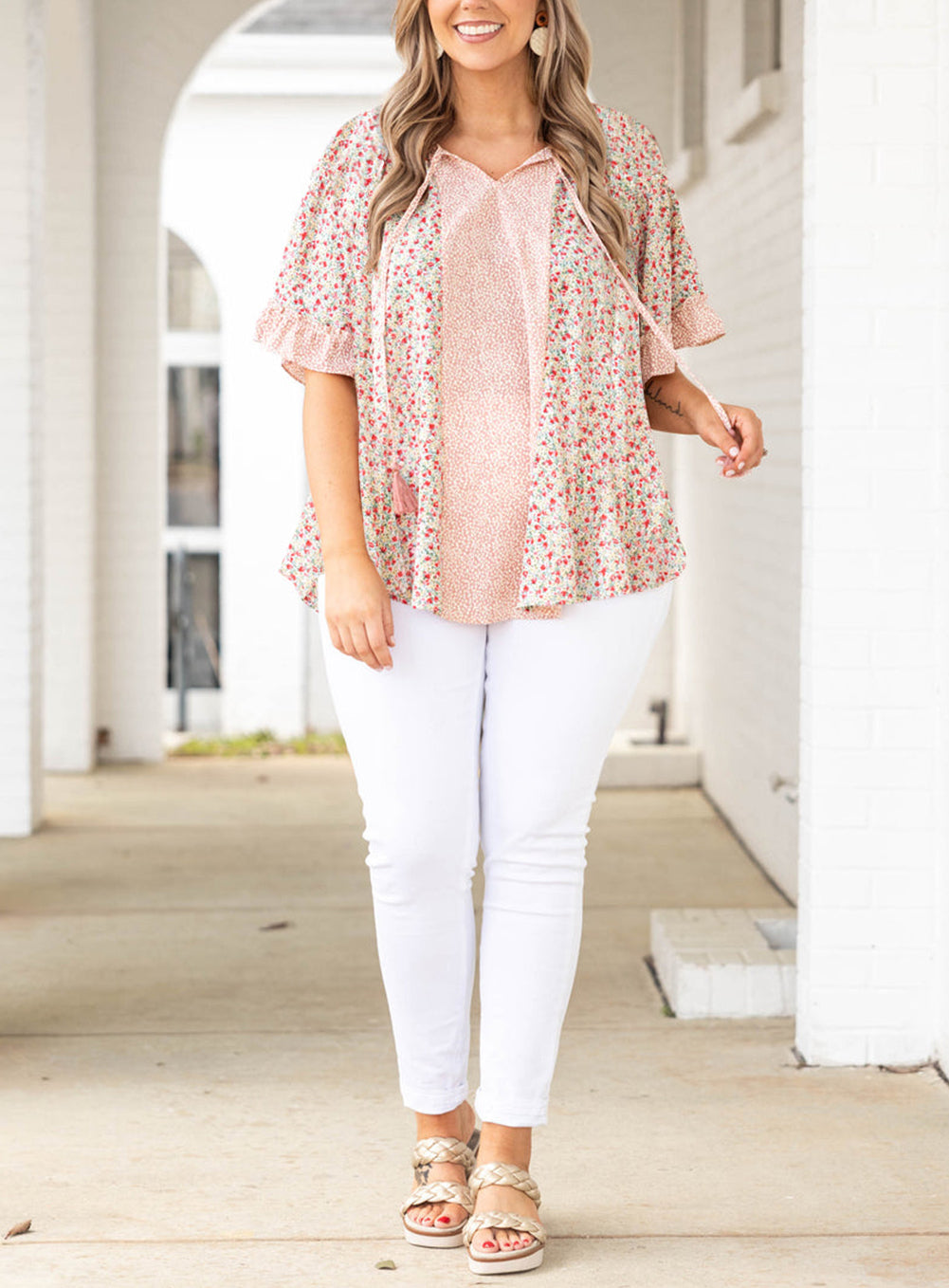 Plus Size Dotty Floral Patchwork Tassel Tie V Neck Top