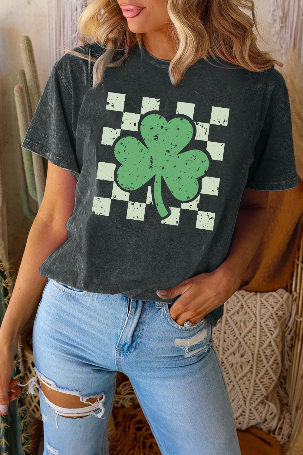 Clover Checkered Print Mineral Wash Crewneck T Shirt