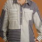 Stripe 2-tone Patchwork Half Buttons Chest Pockets Casual Blouse