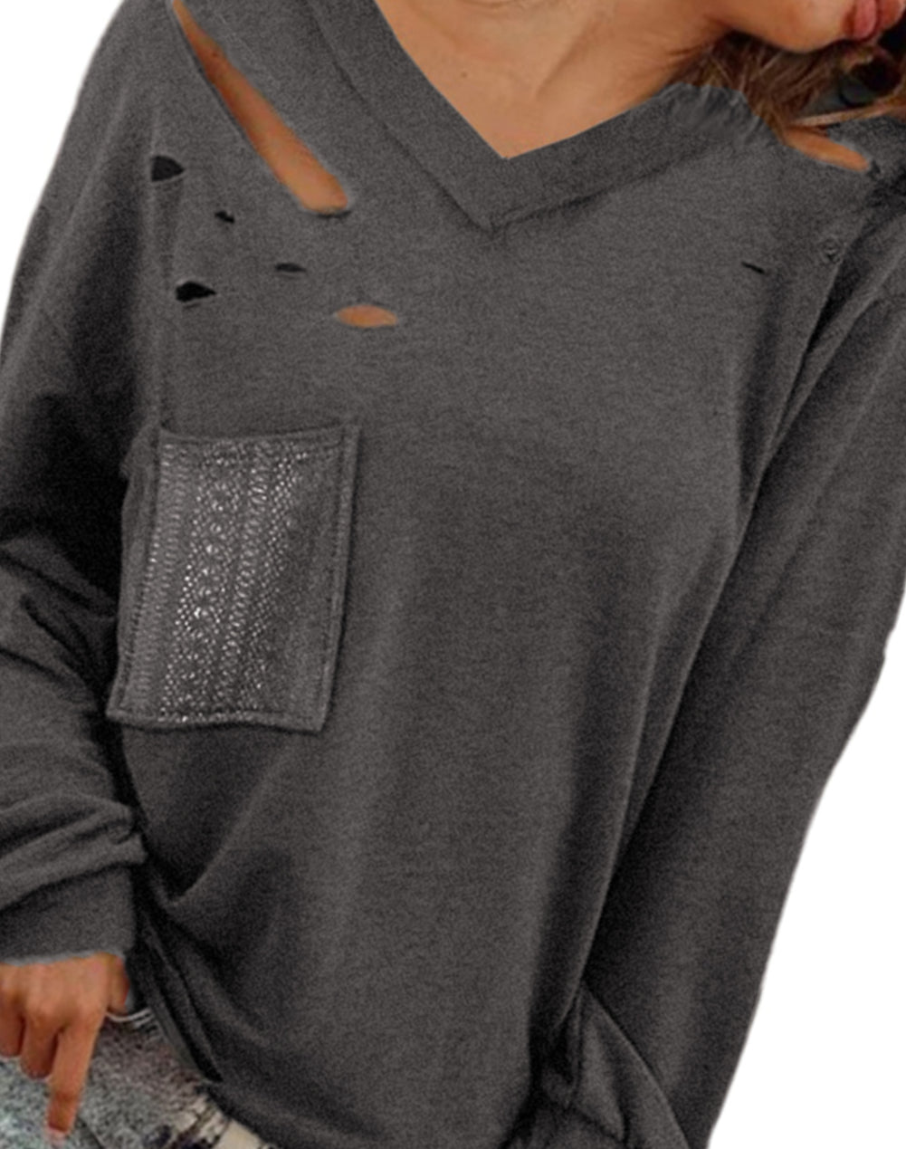 Distressed V Neck Patch Pocket Long Sleeve Top
