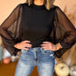 Billowy Mesh Puff Sleeve Ribbed Top