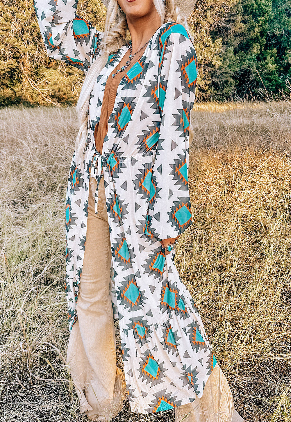 Western Aztec Print Duster Open Front Top