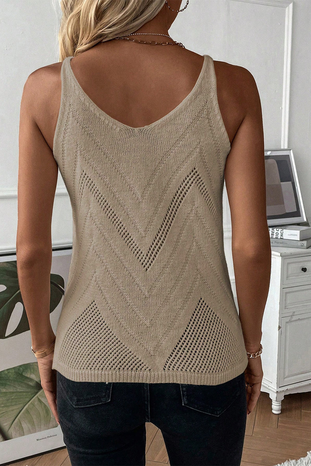 Chevron Pointelle Knit Spaghetti Straps Sweater Vest