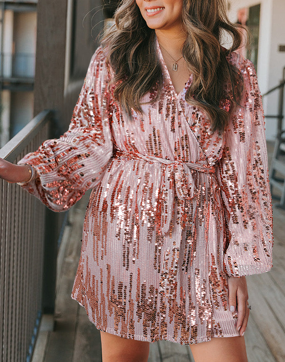 Sequin Bubble Sleeves Short Wrap Dress
