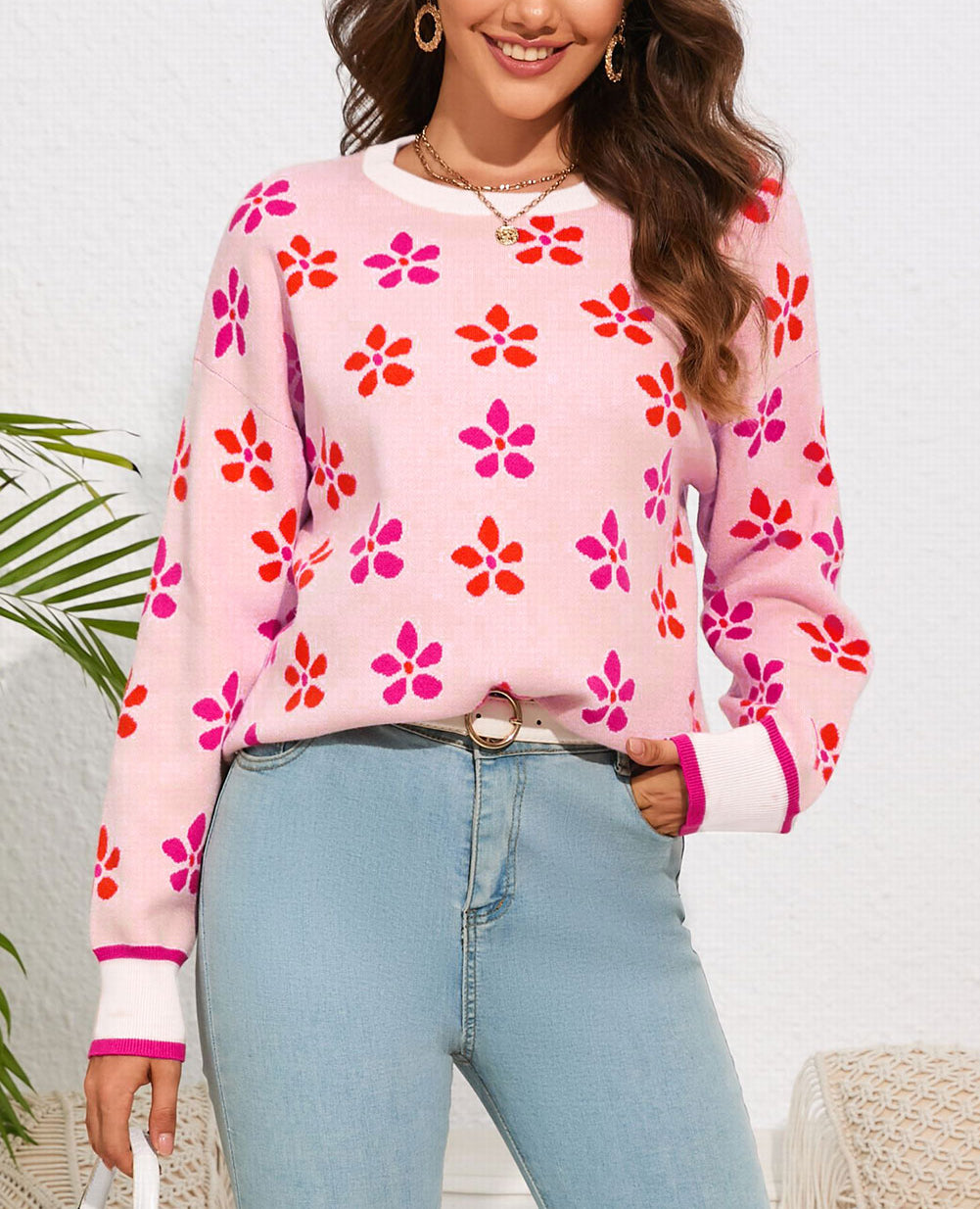Flower Print Crew Neck Sweater