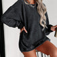 Solid Ribbed Knit Round Neck Pullover Sweatshirt