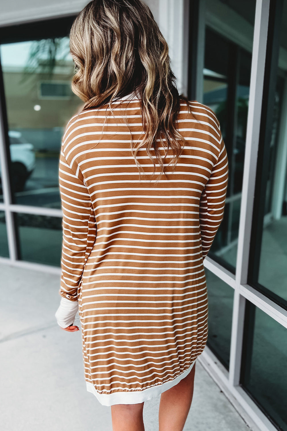 Striped Side Pockets Open Front Cardigan