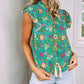 Lace Trim Flutter Sleeve Tropical Floral Blouse
