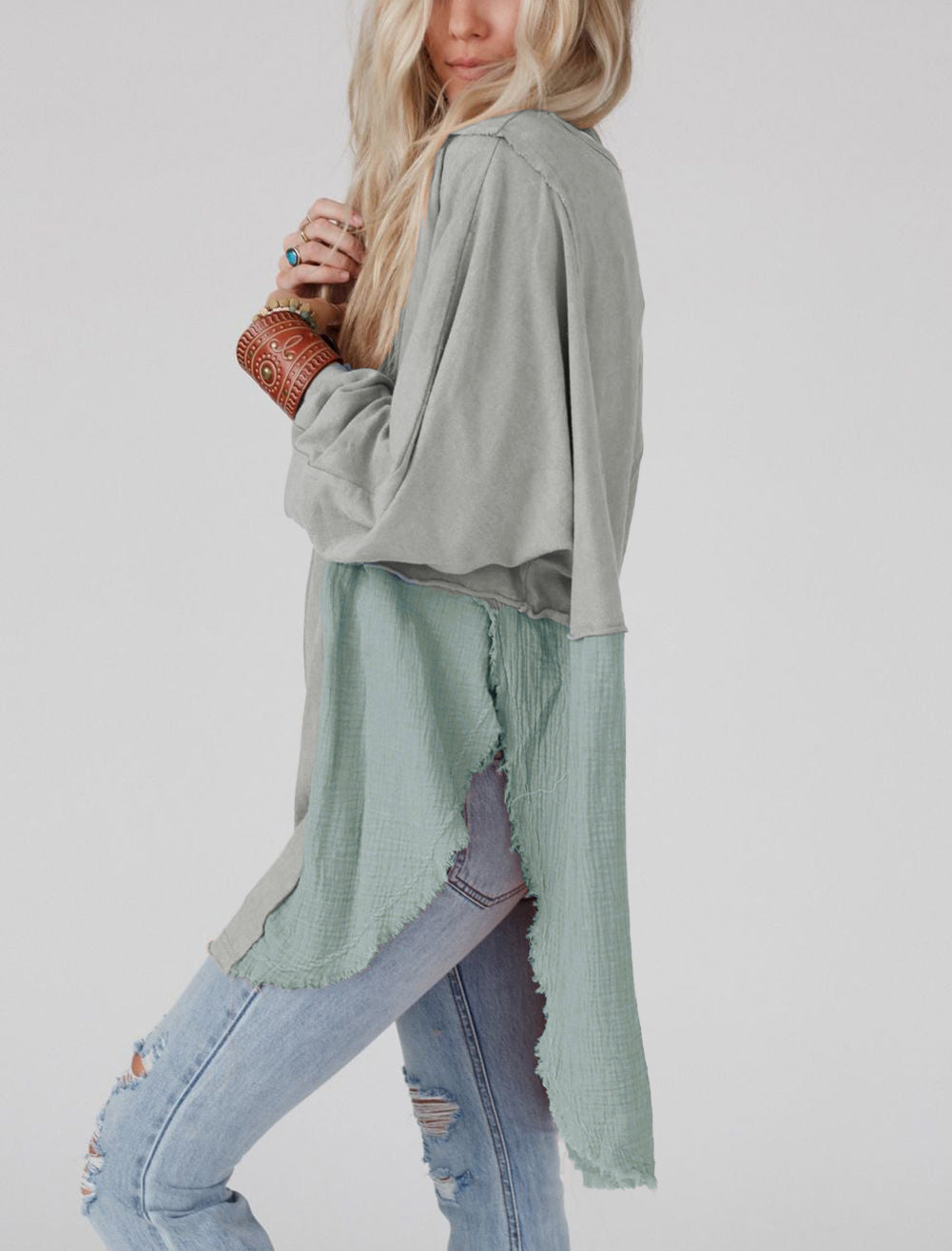 Crinkle Splicing Raw Hem High Low Oversized Blouse
