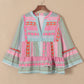 Boho Geometric Print Split Neck Ruffle Blouse