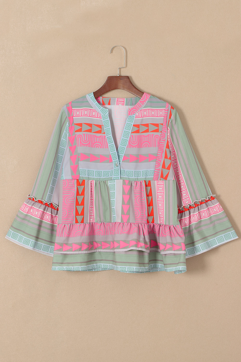 Boho Geometric Print Split Neck Ruffle Blouse