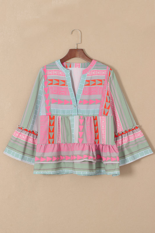 Boho Geometric Print Split Neck Ruffle Blouse