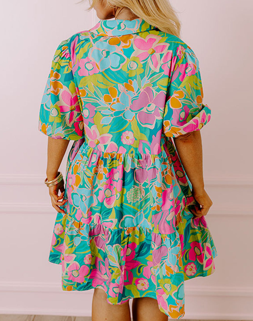Plus Floral Print Puff Sleeve Tiered Shirt Dress