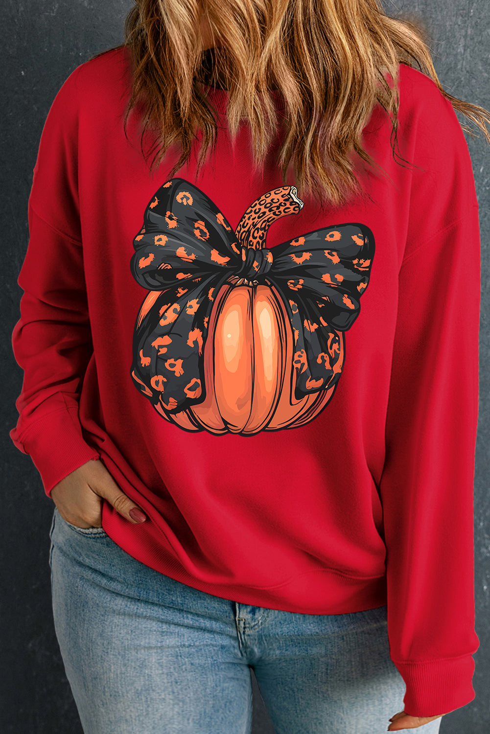 Halloween Bow Knot Pumpkin Print Drop Shoulder Plus Sweatshirt