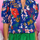 Floral Printed Split V Neck Puff Sleeve Blouse
